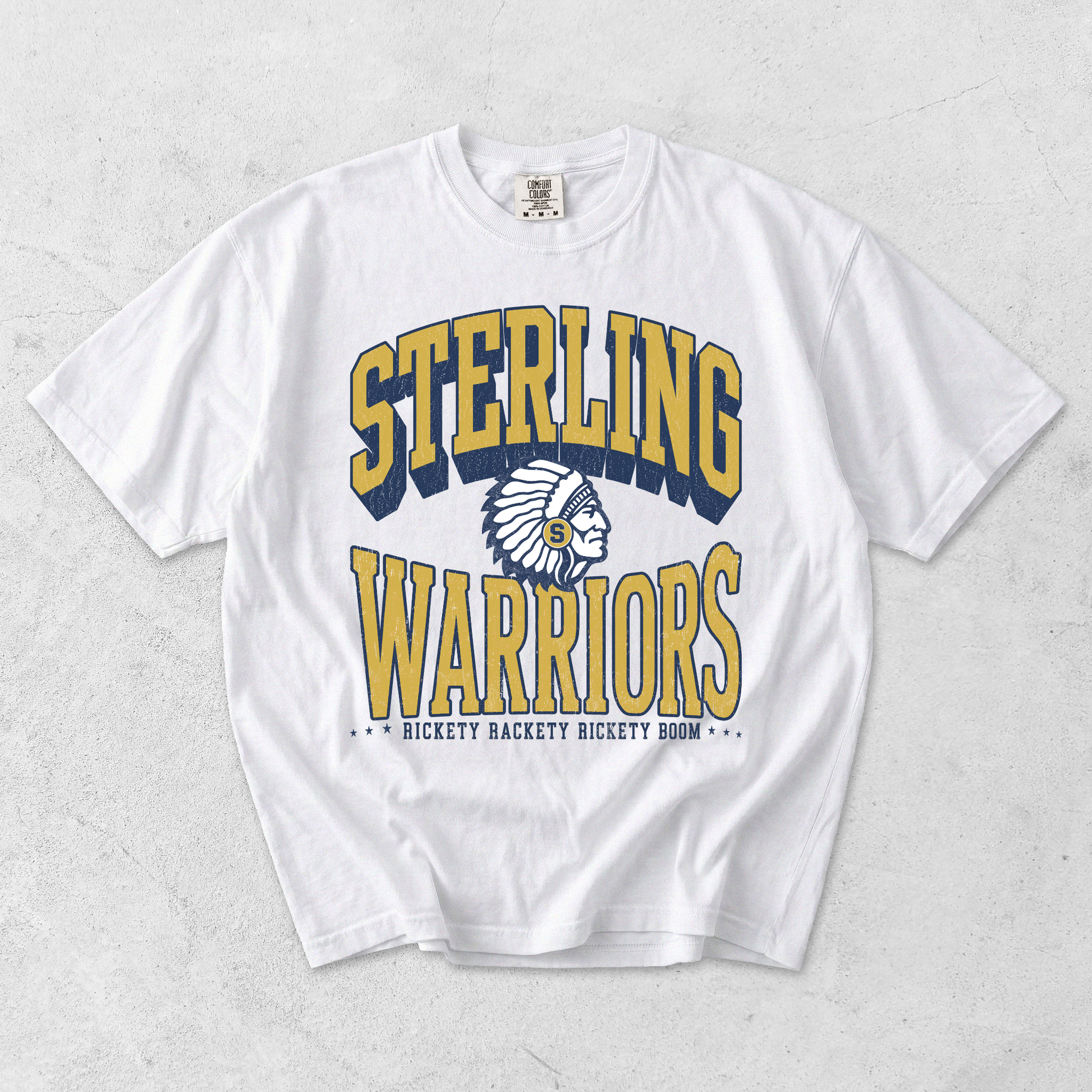 White Sterling Warriors Football graphic t-shirt featuring distressed varsity lettering, collegiate "S," football graphics, and vintage navy and gold design.
