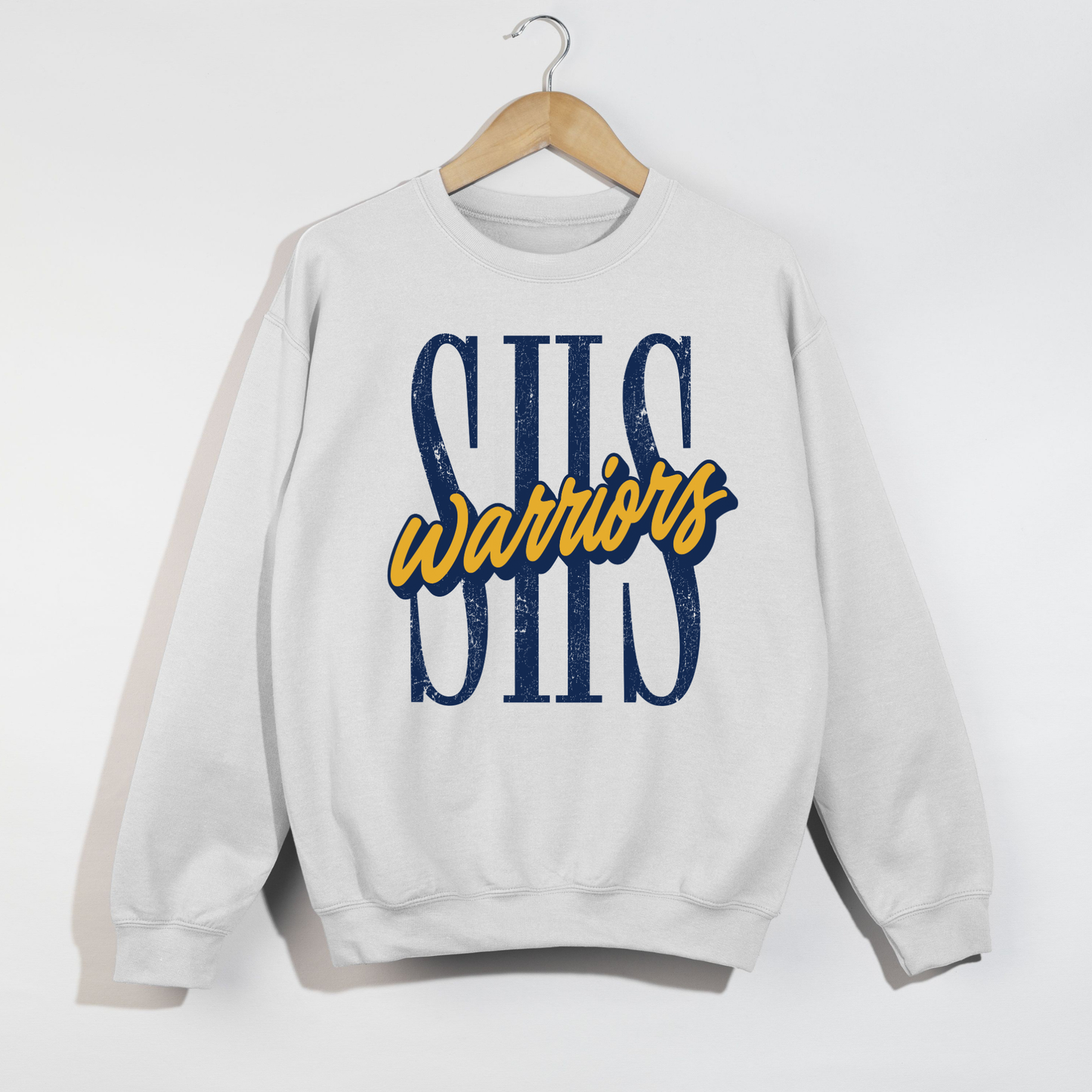 White Sterling Warriors SHS school spirit sweatshirt with oversized vintage SHS lettering and gold Warriors graphic.