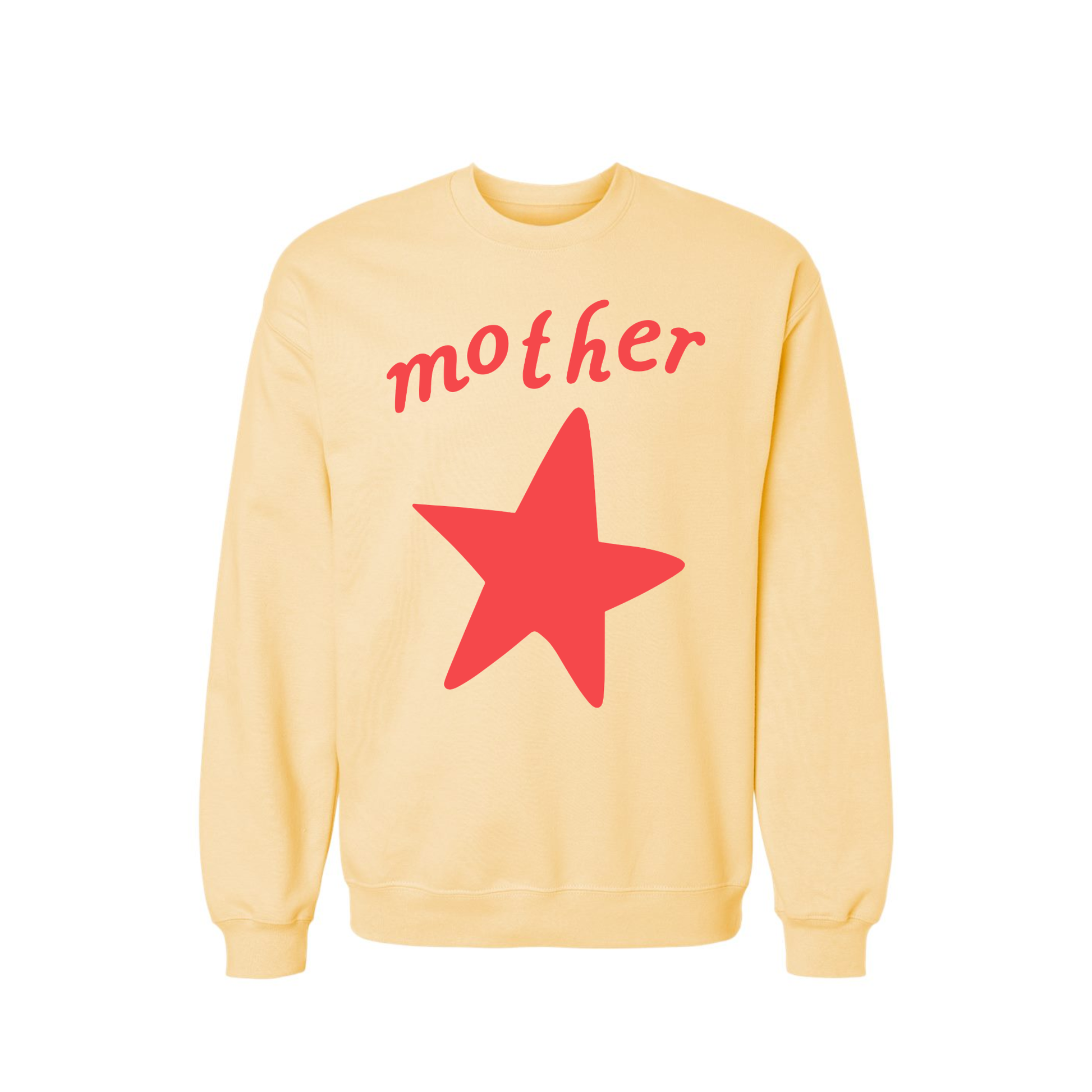 Butter yellow Mother Star graphic sweatshirt featuring vintage red script lettering and oversized distressed star on a cozy fleece crewneck.